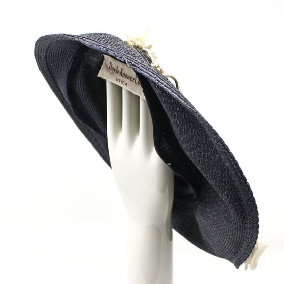 Vintage 40s 50s Navy Blue Flowered Platter Hat 12" Wide w Wired Brim - Hey Viv - Picture 4 of 7
